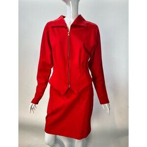 Chem Womens 2 Piece Skirt Suit Red Full Zip Long Sleeve Elastic Waist 8 Vintage